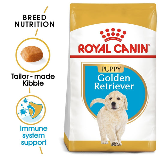 Royal Canin Puppy Golden Retriever dog food packaging with key features highlighted.
