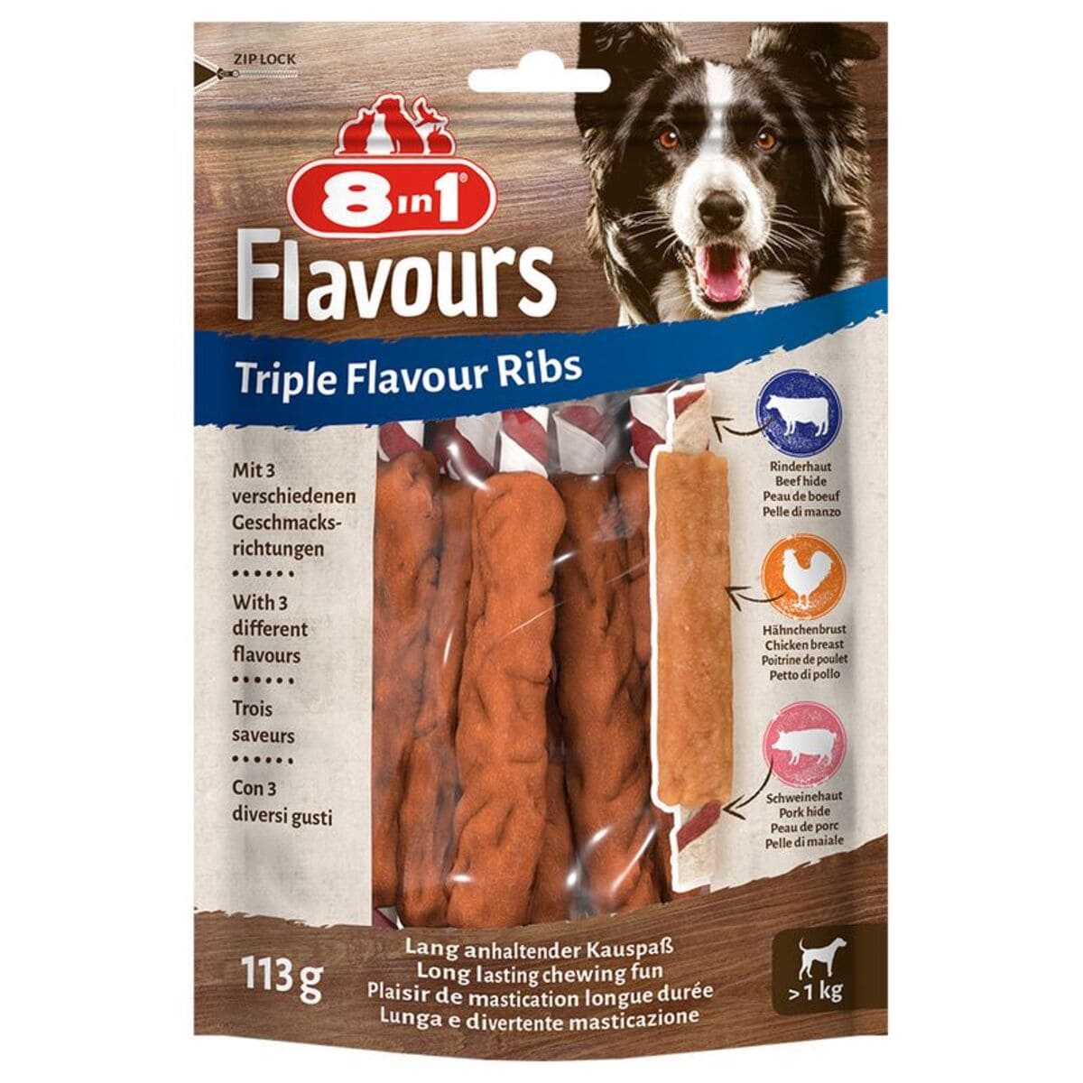 Packaging of 8in1 Flavours Triple Flavour Ribs dog treats with a dog on the label.