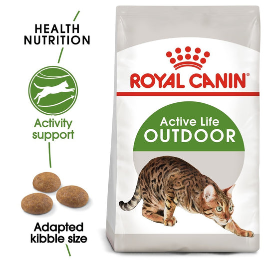 Royal Canin Active Life Outdoor cat food bag with a cat illustration and text on health and nutrition.