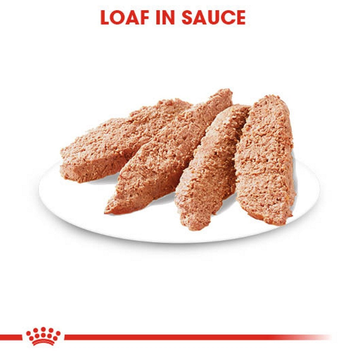 Three pieces of loaf in sauce on a white plate with a red label at the top.