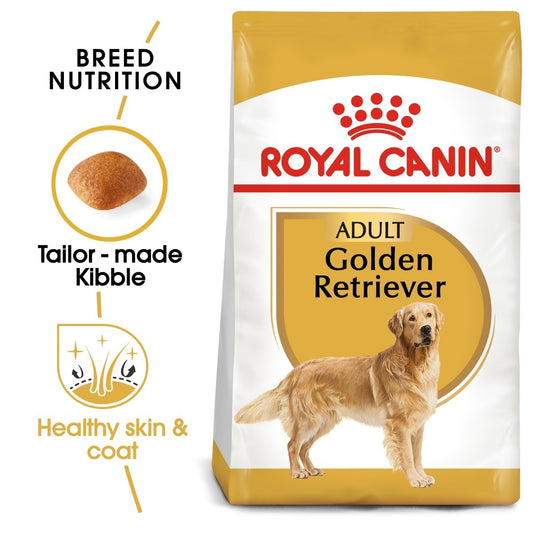 Royal Canin Adult Golden Retriever dog food packaging with brand logo and product features.