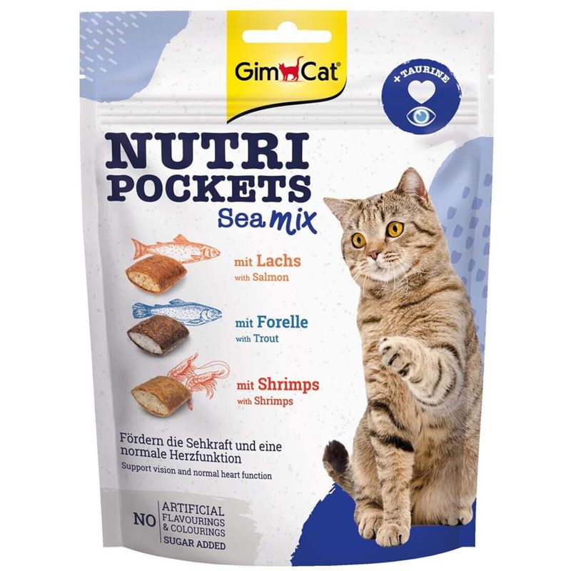 GimCat Nutri Pockets Sea mix cat food package with a cat on the label