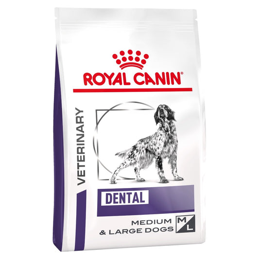 Royal Canin Veterinary Dental food for medium and large dogs on a white background