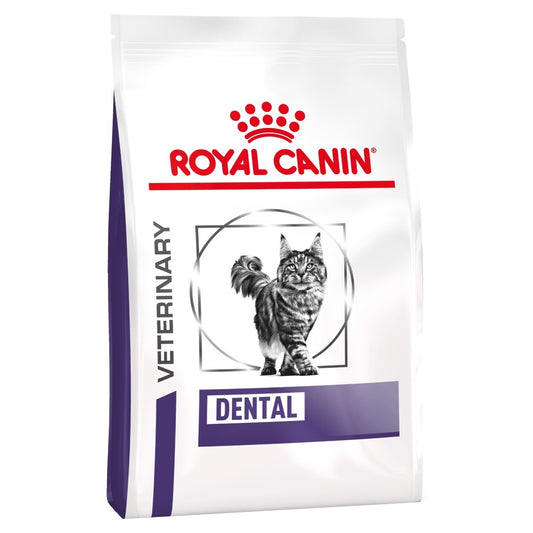 Royal Canin Veterinary Dental cat food package on a white background