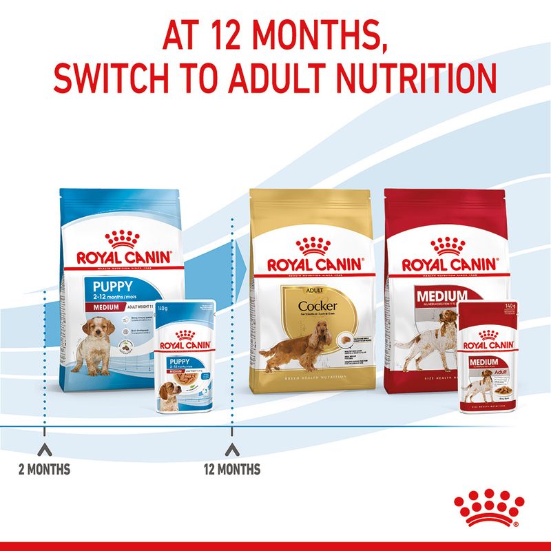 Royal Canin dog food packaging with stages of growth on a white background