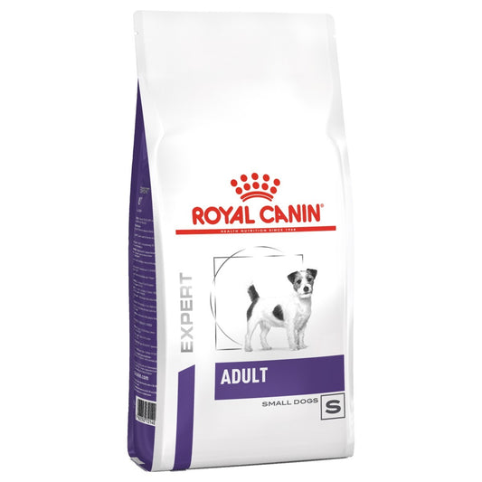 Royal Canin dog food package for adult small dogs on a white background