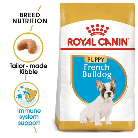 Royal Canin French Bulldog puppy food packaging with key features highlighted.