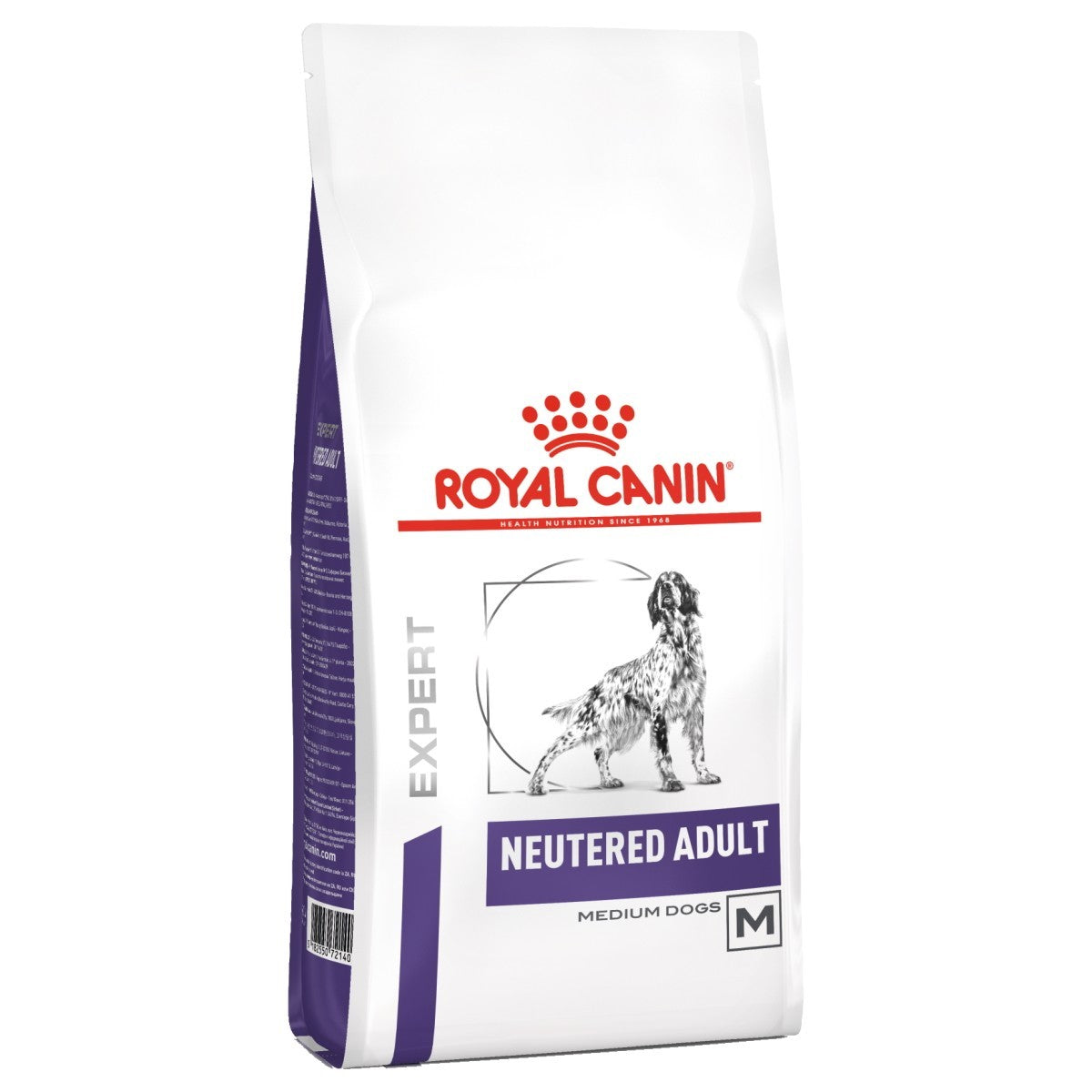 Royal Canin dog food package for neutered adult medium dogs on a white background