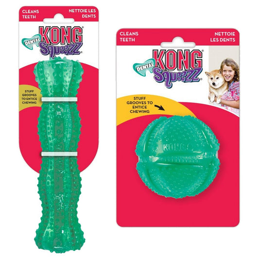 Kong Squeeze dental toy packaging with green dog toy on a white background
