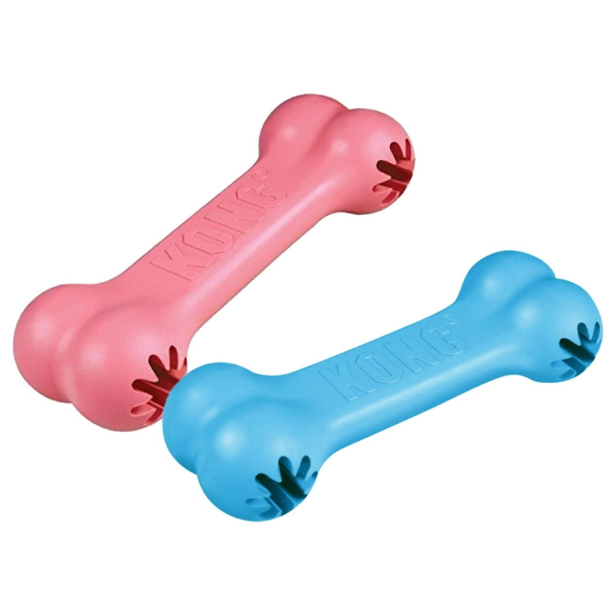 Two bone-shaped dog toys, one pink and one blue, on a white background.