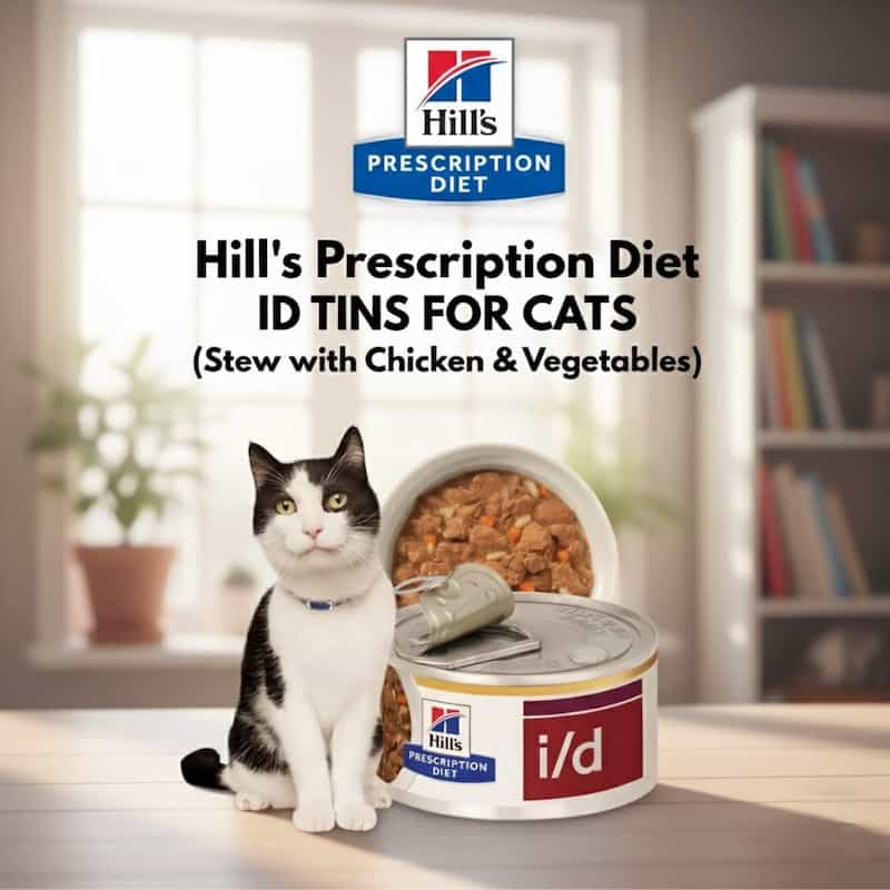 Hill's Prescription Diet cat food can with a cat sitting next to it in a home setting.