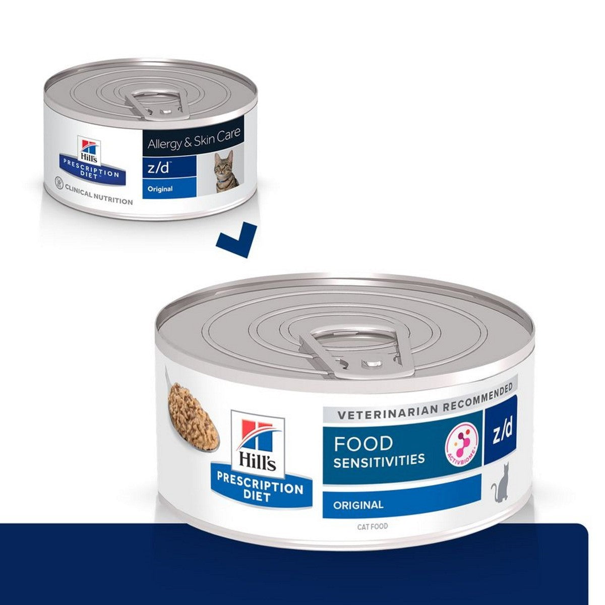 Two cans of Hills Prescription Diet z/d food for cats on a white background