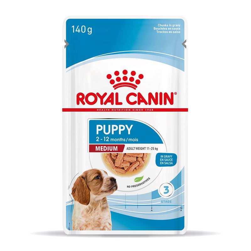 Royal Canin Puppy Medium dog food pouch on a white background