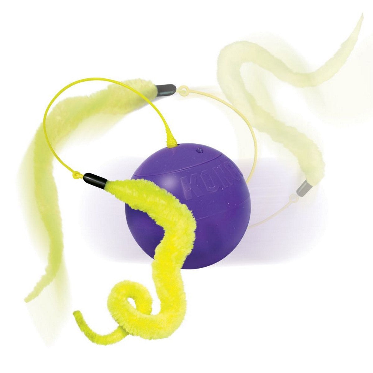 Purple ball with yellow worm-like extension on a white background