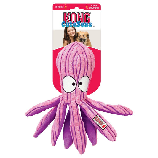 Pink octopus-shaped dog toy with 'Kong' branding on a white background