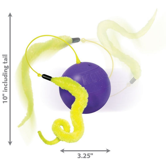 Purple ball with a yellow worm-like extension on a white background