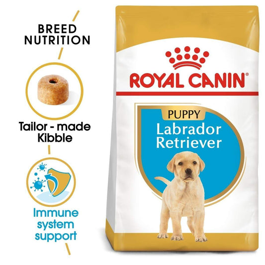 Royal Canin Labrador Retriever puppy food packaging with key features highlighted.