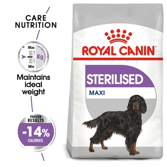 Royal Canin Sterilised Maxi dog food packaging with a black and brown dog illustration on a white background.