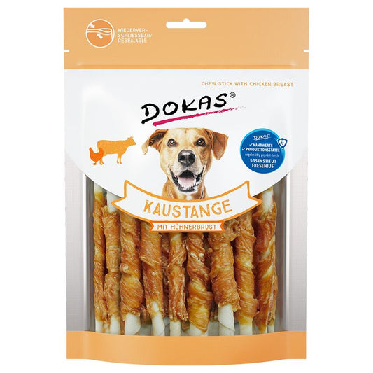 Package of Dokas dog chew sticks with a smiling dog on the label.