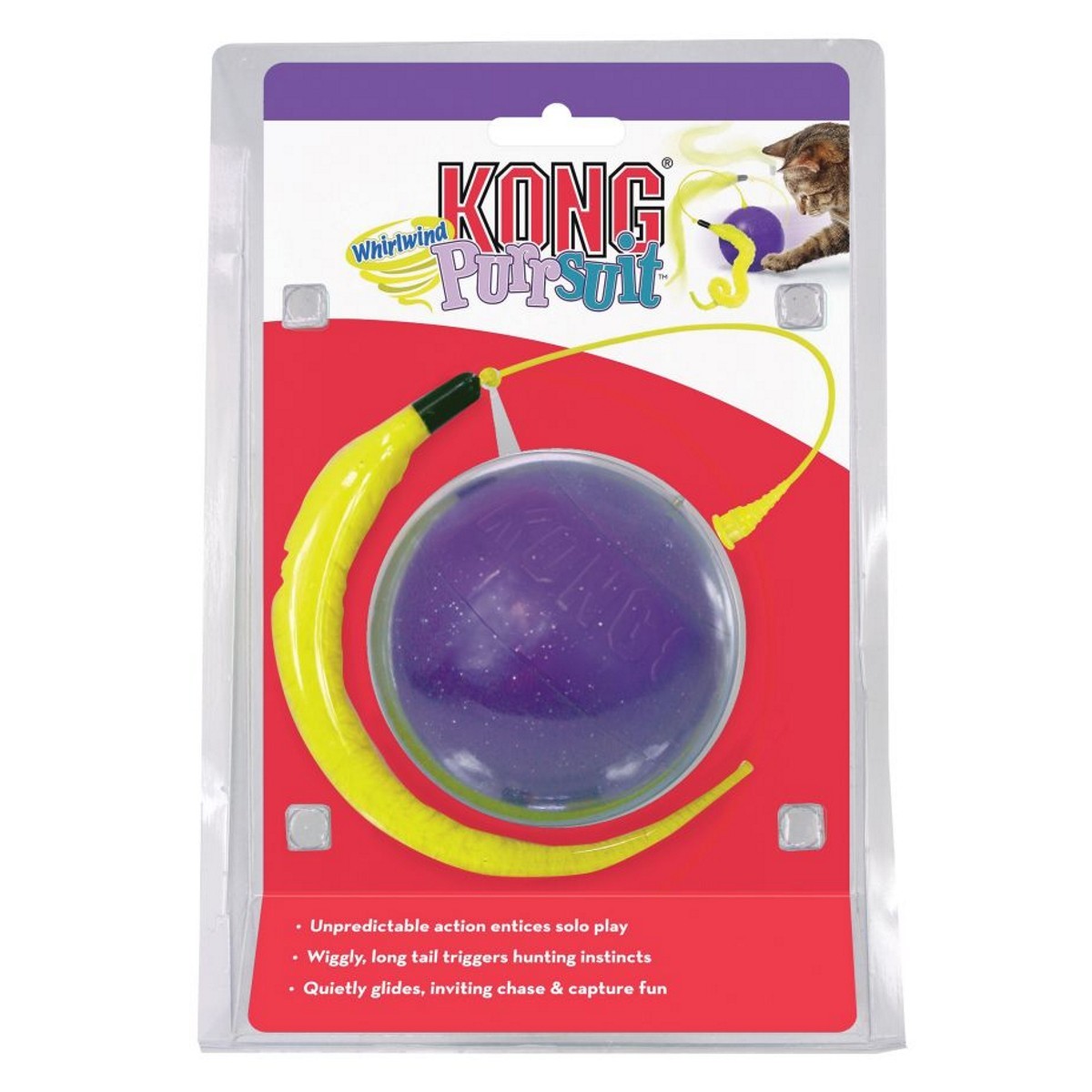 KONG WubbaNub cat toy packaging with purple ball and yellow rope on a red background