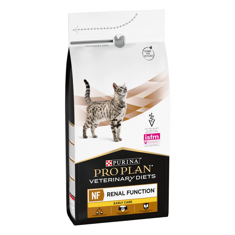 A bag of PURINA PRO PLAN Veterinary Diets Feline NF Renal Function Early Care dry cat food with a picture of a cat on the front.