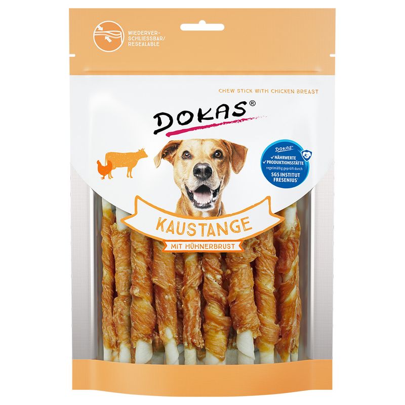 Package of Dokas dog chew sticks with a smiling dog on the label.