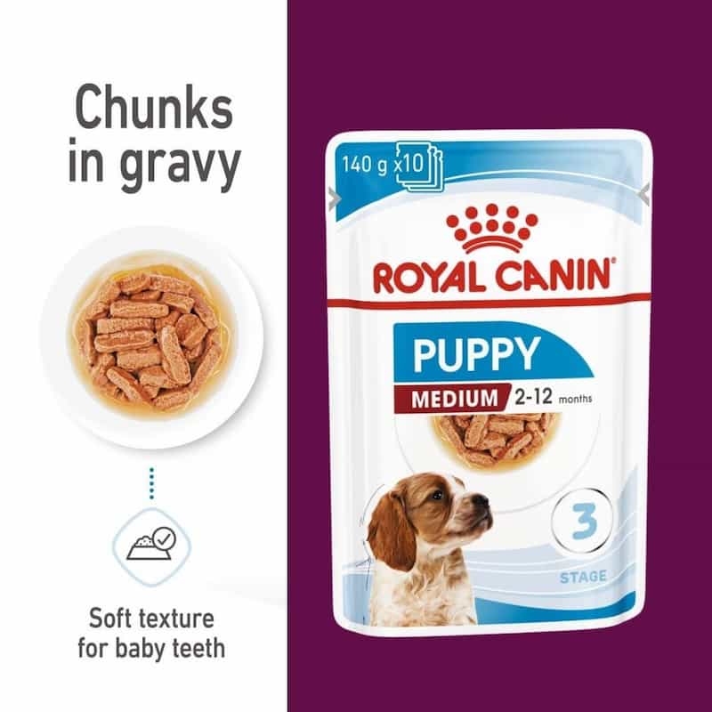 Royal Canin Puppy Medium dog food pouch with text about chunks in gravy and soft texture for baby teeth.