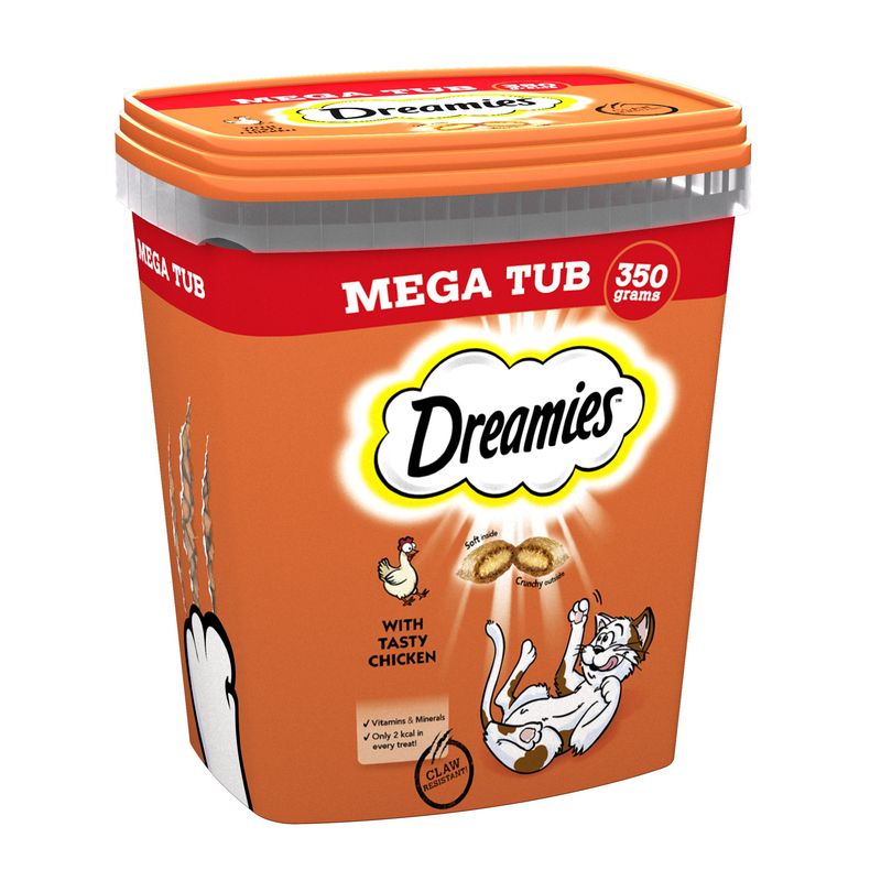 Dreamies cat food mea tub with chicken flavor on a white background
