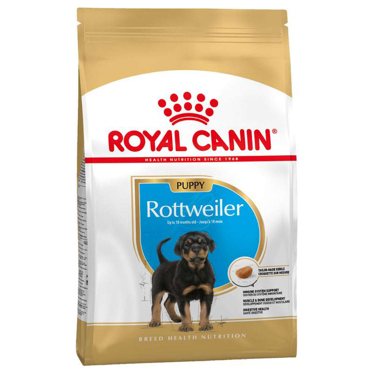 Royal Canin Rottweiler puppy food packaging on a white background