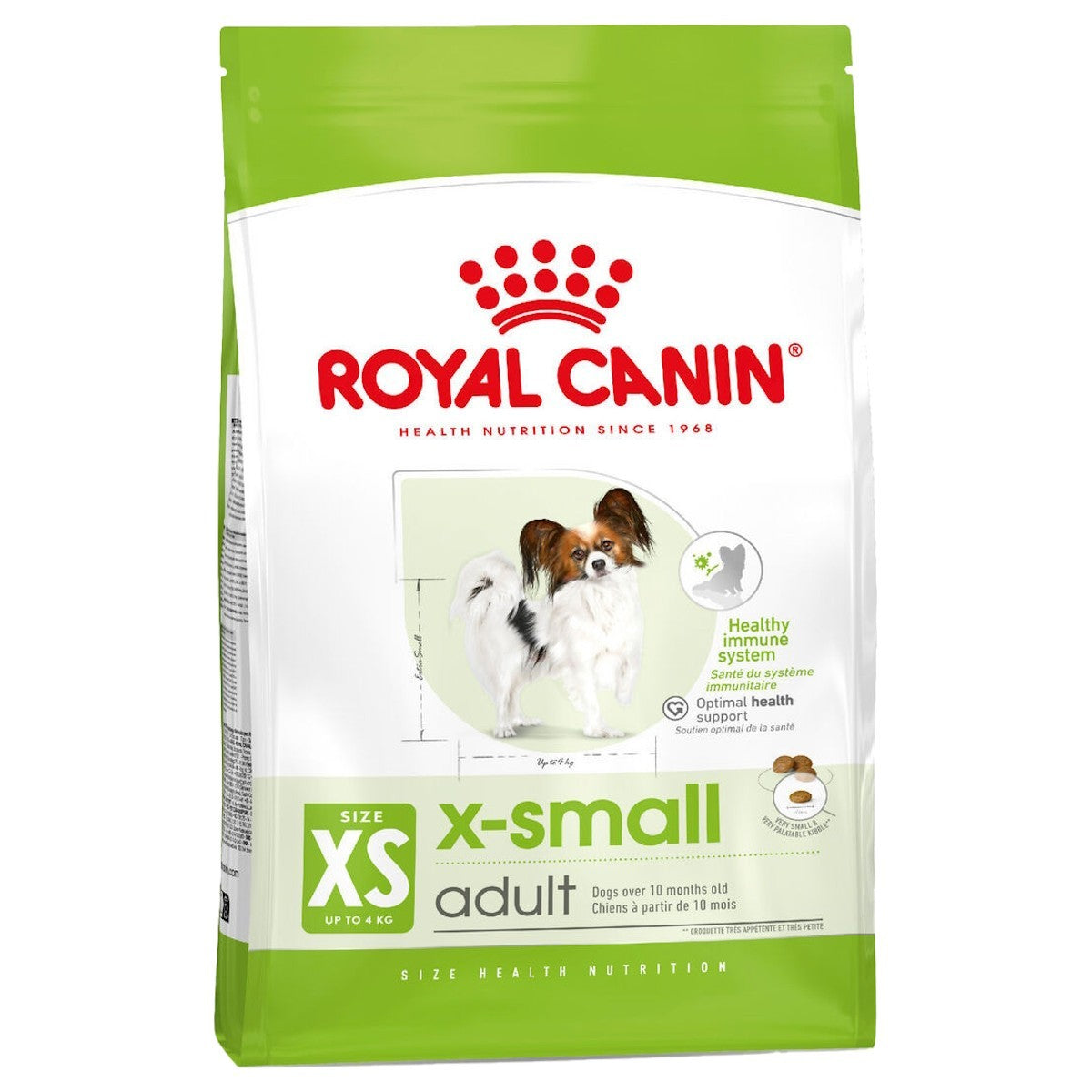 Royal Canin x-small adult dog food packaging on a white background
