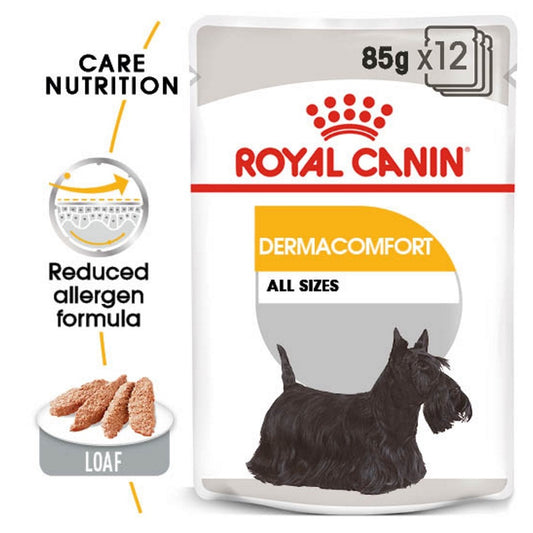 Royal Canin Dermacomfort dog food package on a white background