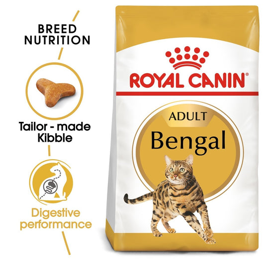 Royal Canin Bengal cat food package with text highlighting features