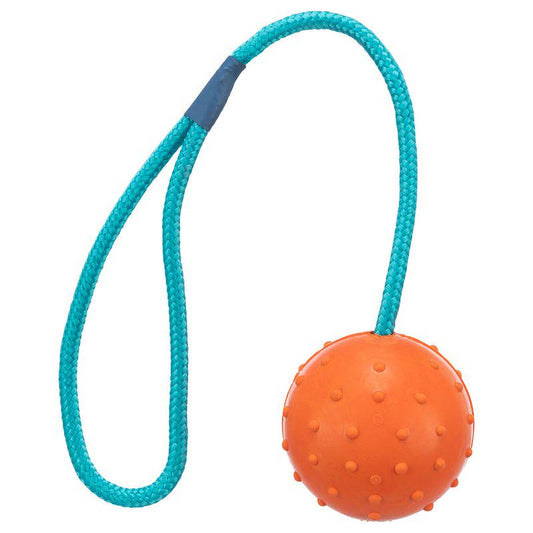 Dog ball with throw rope handle