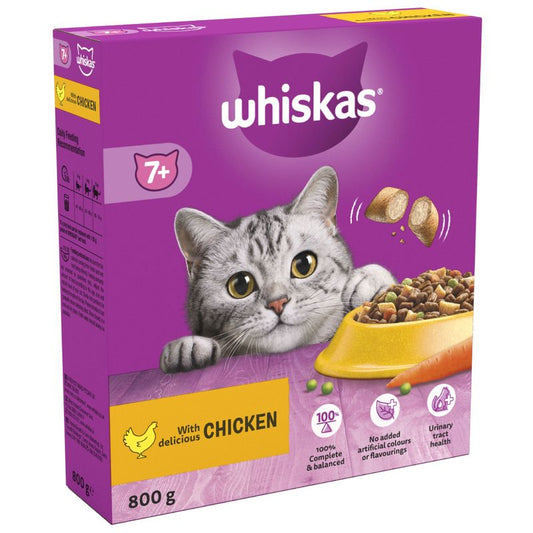 A box of Whiskas Senior 7+ dry cat food with an image of a cat and chicken pieces on the front.