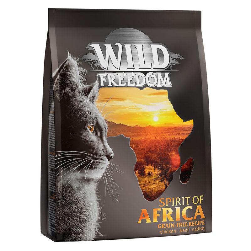 A bag of Wild Freedom Adult Spirit of Africa dry cat food with an image of a cat and an silhouette of Africa on the front.