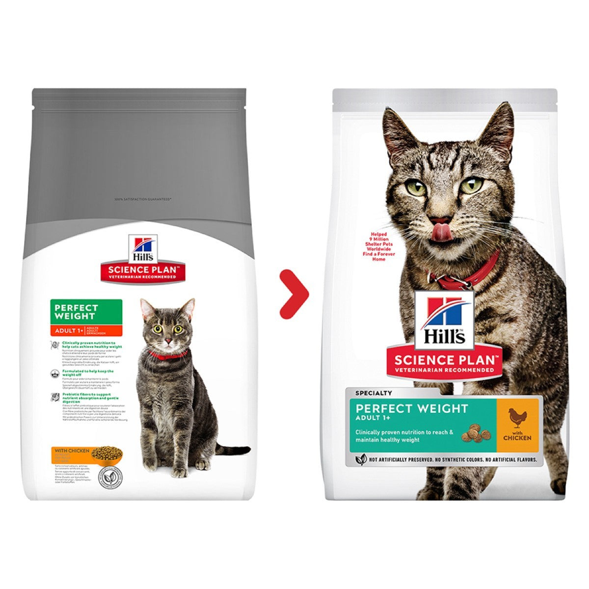 Two packages of Hills Science Plan cat food with a cat on each package.