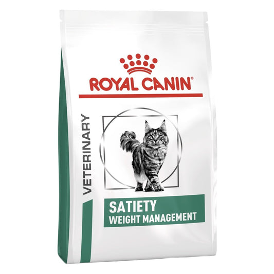 Royal Canin Veterinary Satiety Weight Management cat food bag on a white background
