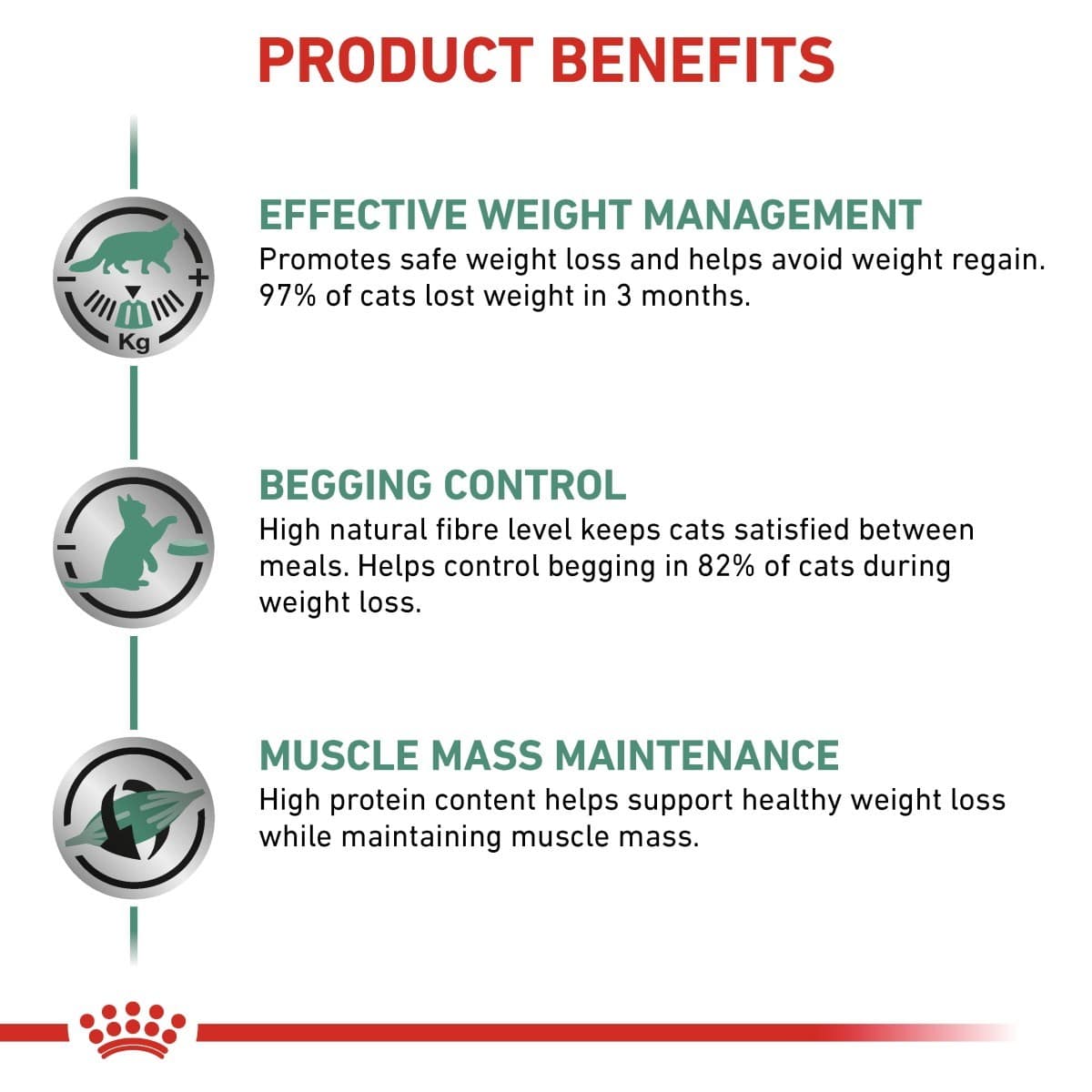 Product benefits of a cat food for weight management, begging control, and muscle mass maintenance.