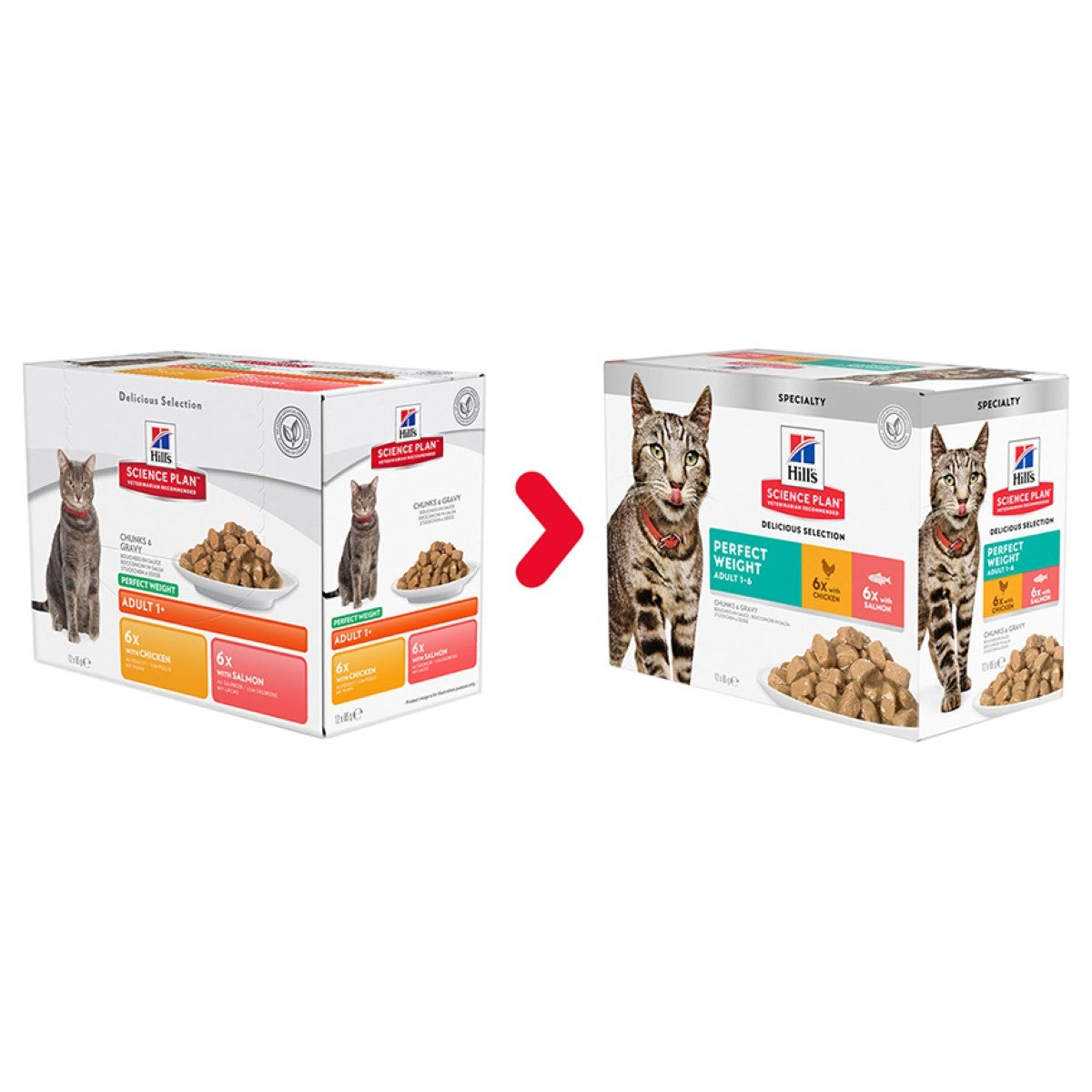 Two boxes of Hill's Science Plan cat food with a red arrow between them on a white background.