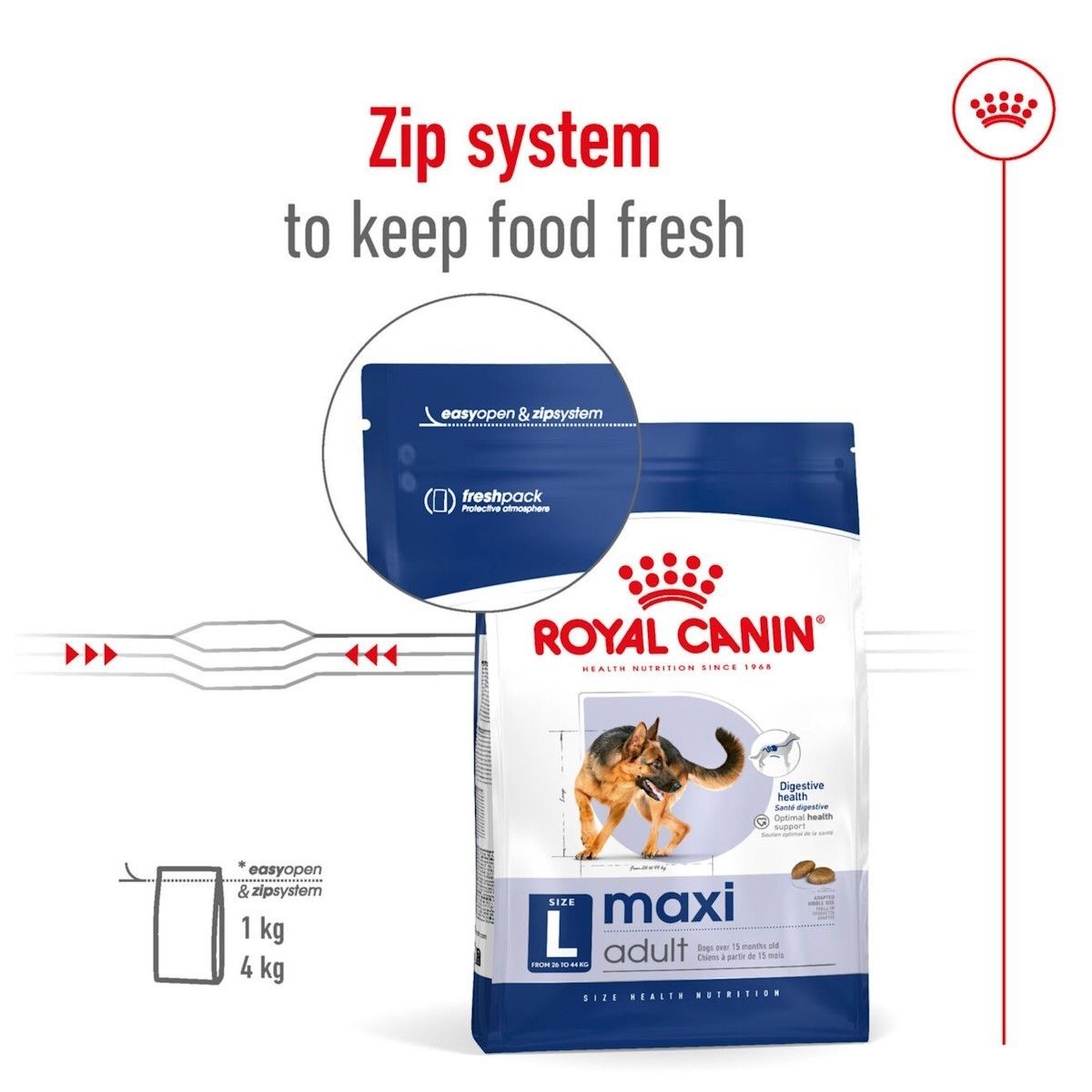 Royal Canin maxi adult dog food package with a focus on the zip system feature.