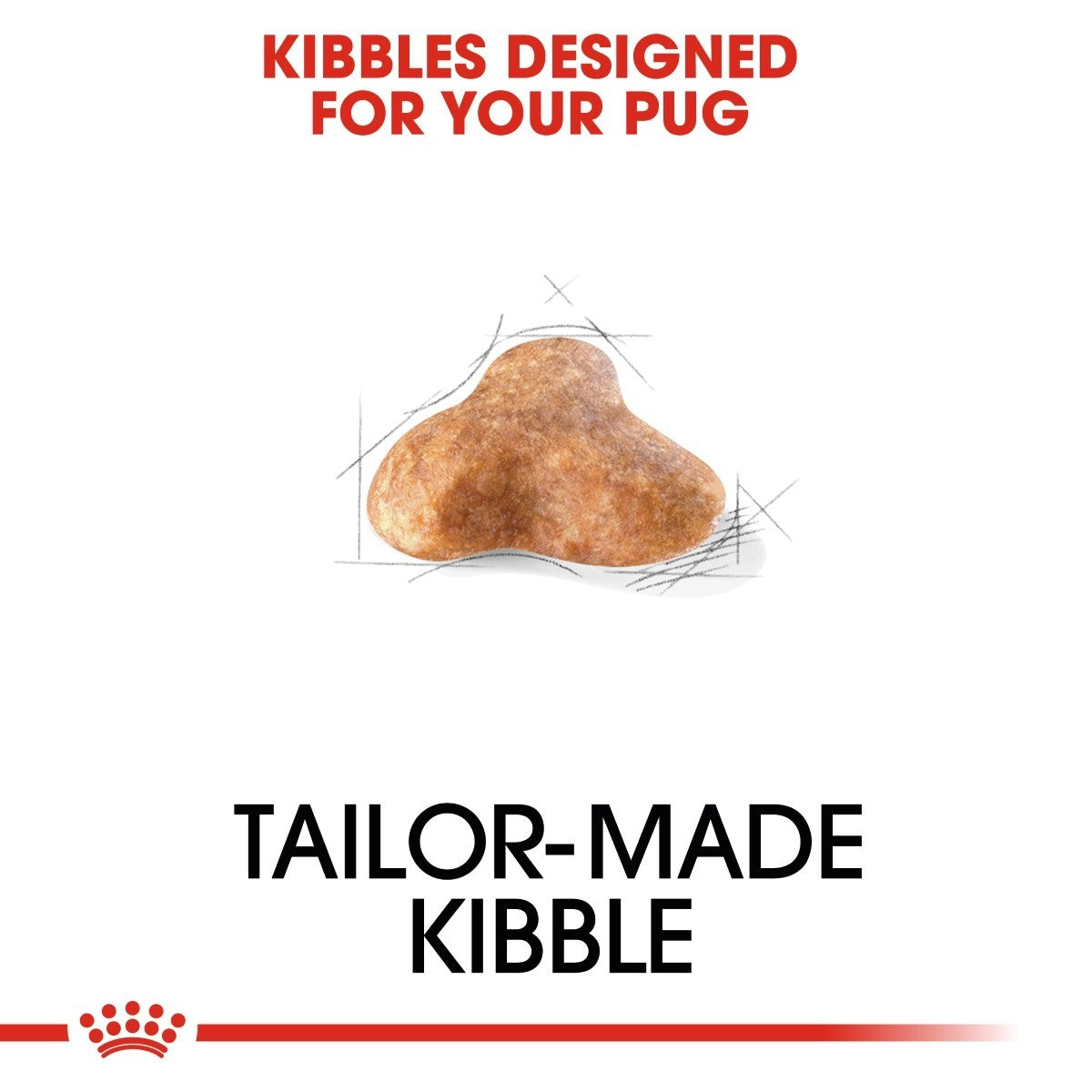 Dog kibble with text 'Kibbles Designed for Your Pug' and 'Tailor-Made Kibble' on a white background.