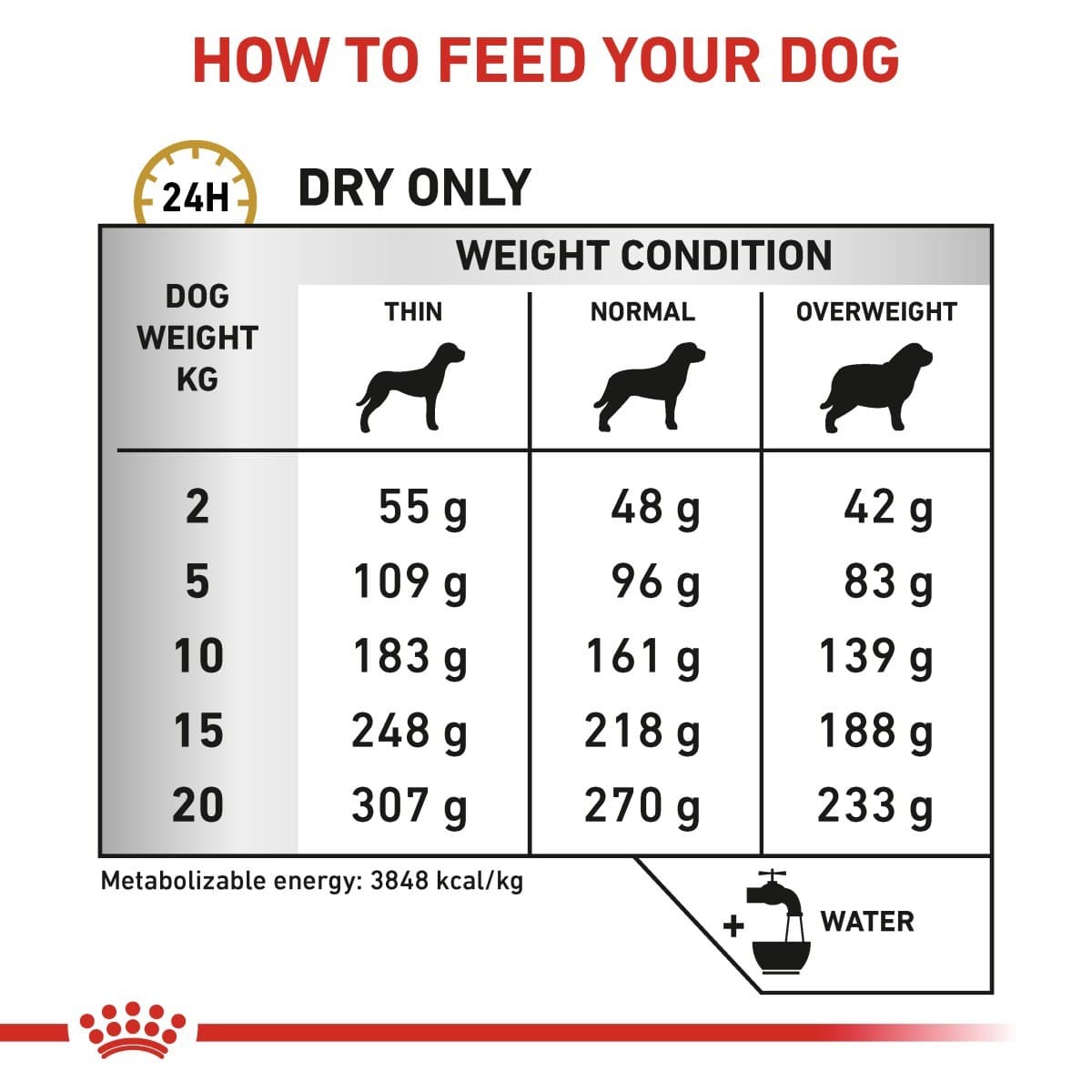 Feeding chart for dogs with weight and condition categories