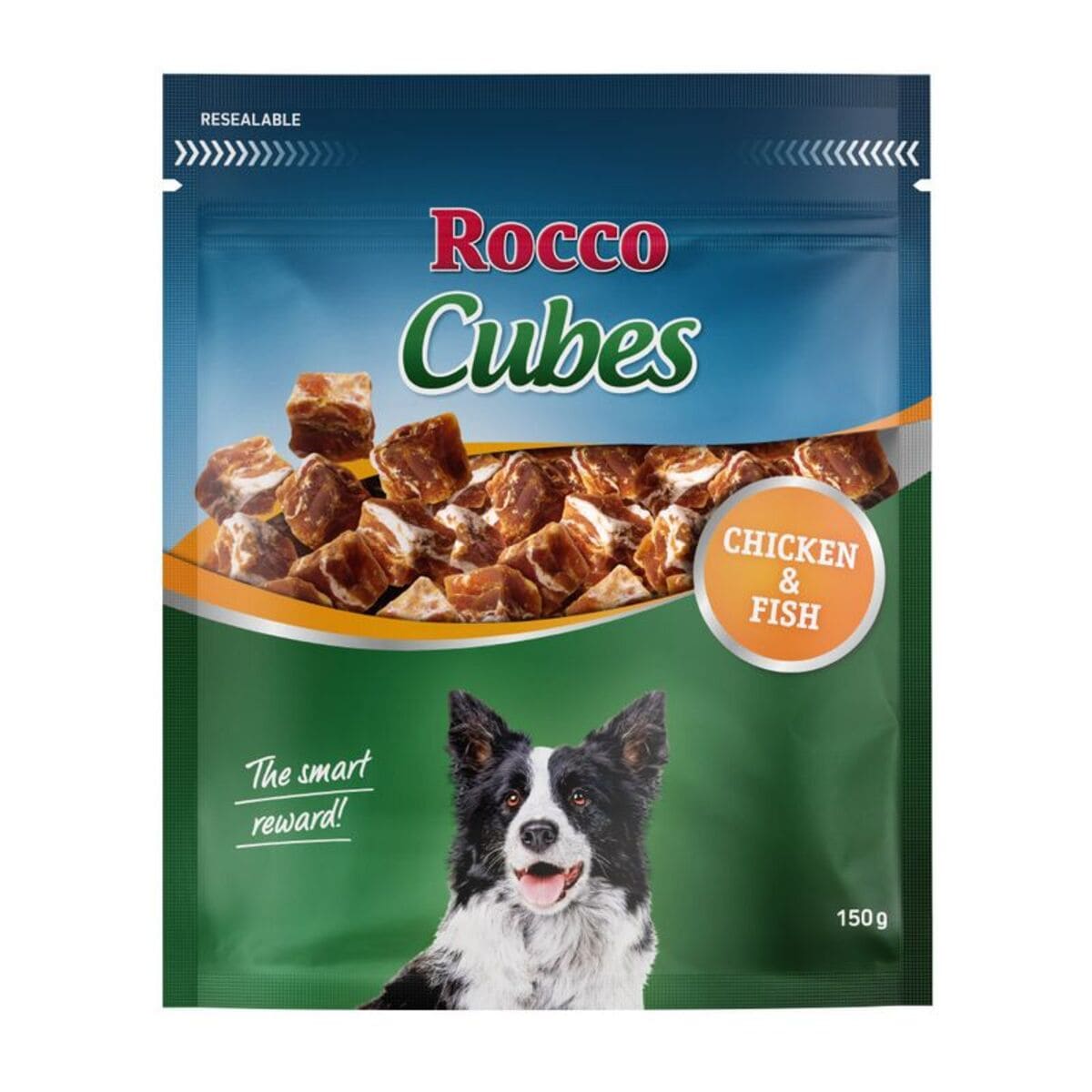 Rocco Cubes dog treat package with a dog on the label