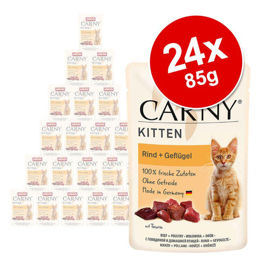 Pack of 24 pouches of animonda Carny Kitten wet cat food. Each pouch contains small chunks of meat and is labeled as grain-free, with aζ£100% fresh meat" indication.