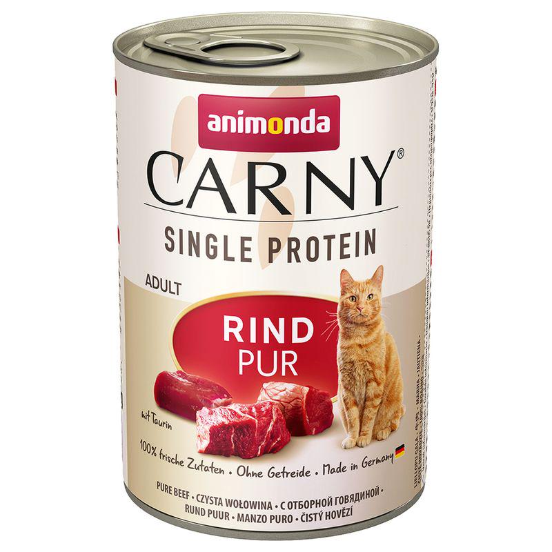 A can of animonda Carny Single Protein Adult cat food with an image of a cat and beef on the label.