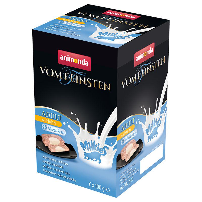 Packaging of animonda Vom Feinsten Adult Milkies, showing a box with six 100g portions of wet cat food. The box is predominantly black and blue with images of cats and product information.
