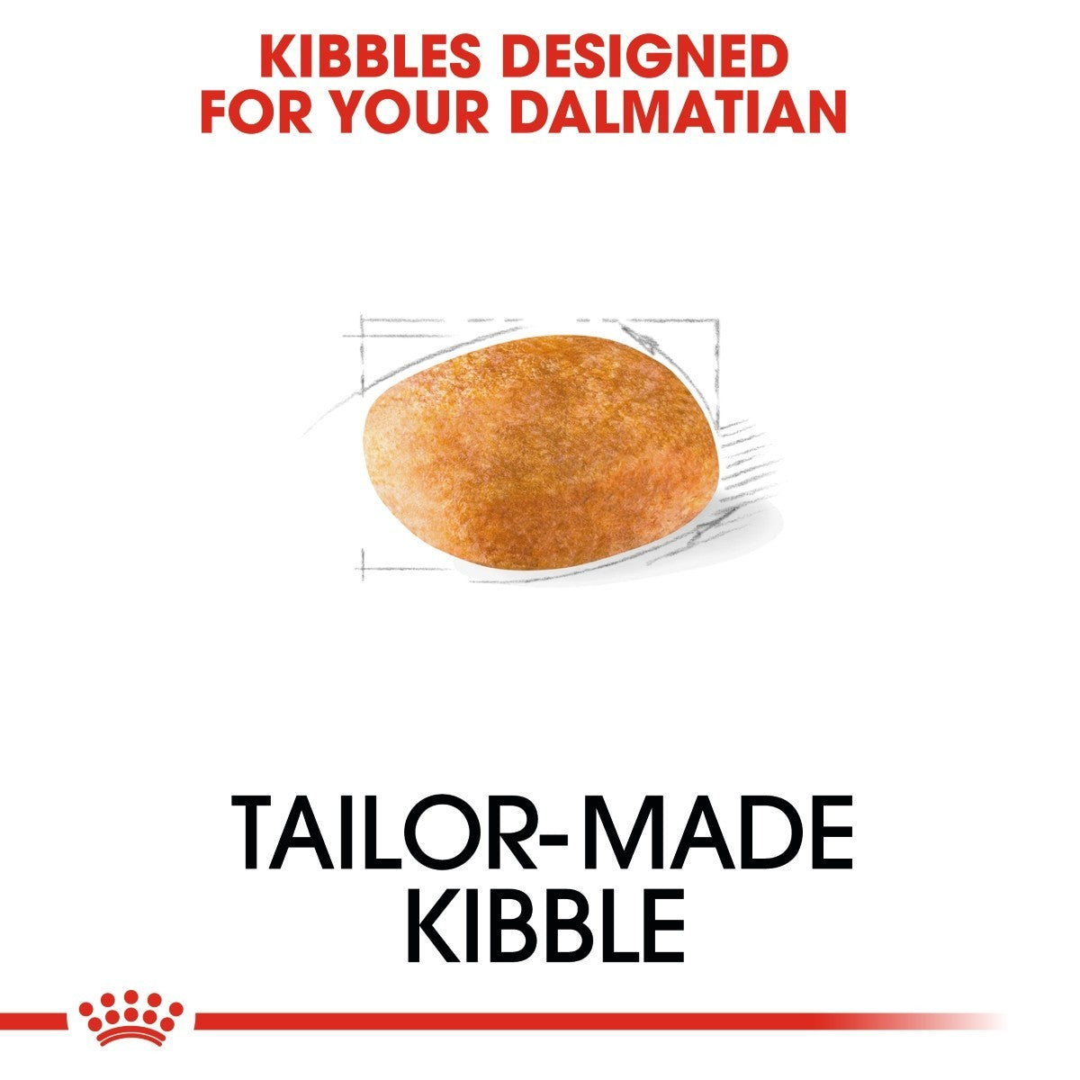 Dog food kibble with text 'Kibbles Designed for Your Dalmatian' and 'Tailor-Made Kibble' on a white background.