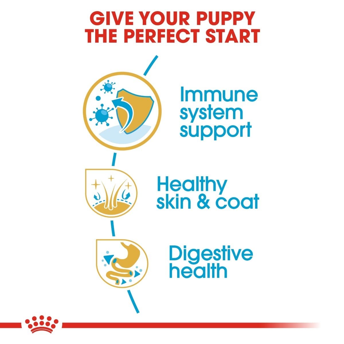 Advertisement for pet food with immune system support, healthy skin & coat, and digestive health benefits on a white background.