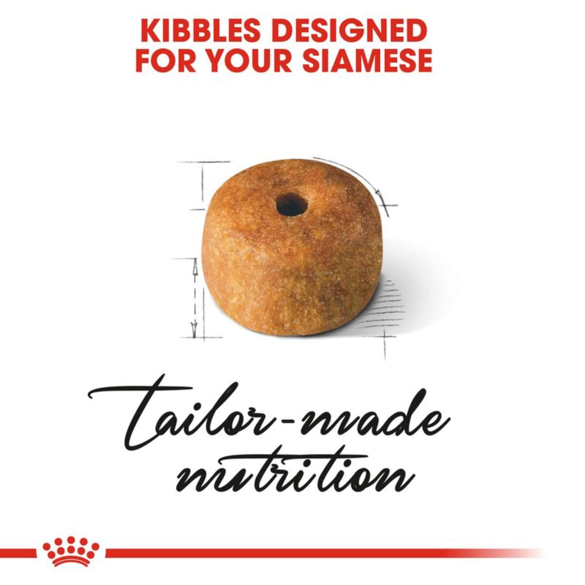 Cat food kibble with text 'Kibbles Designed for Your Siamese' and 'Tailor-made nutrition' on a white background.