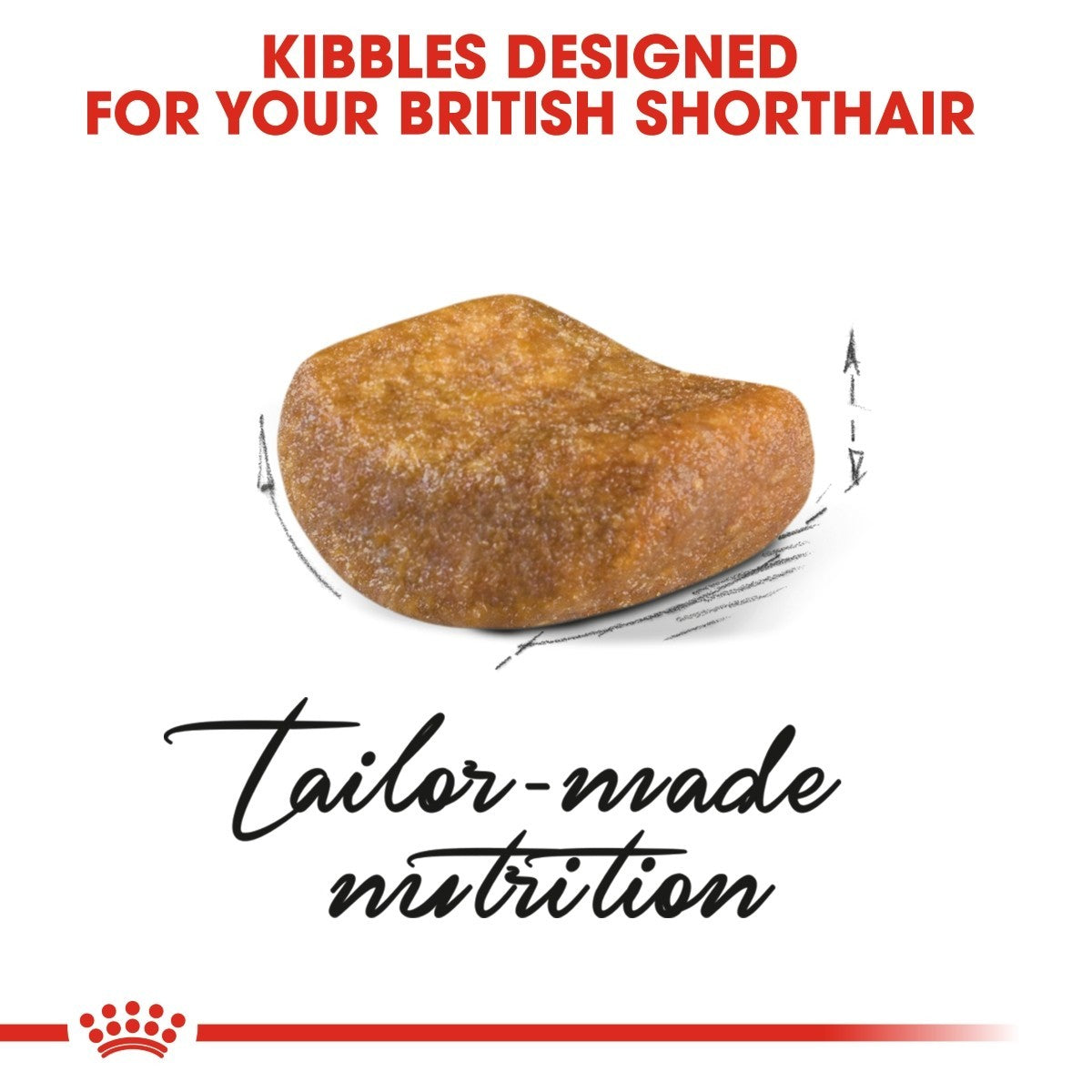 Dog food kibble with text about British Shorthair tailored nutrition on a white background